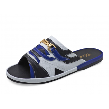 Men Sandals SKF-38 Black&Blue Nappa-White Pebble grain Microfiber Leather